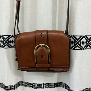 Fossil Brown Leather Crossbody Bag Satchel Purse Adjustable Strap Brass Buckle